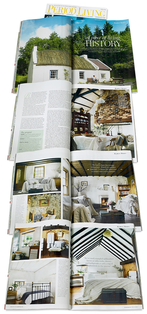 Pages 50 to 57 in the March 2016 issue of Period Living magazine featuring Maggie and Robert Graham's 18th century Irish thatched cottage near the village of Kerrykeel in County Donegal.
