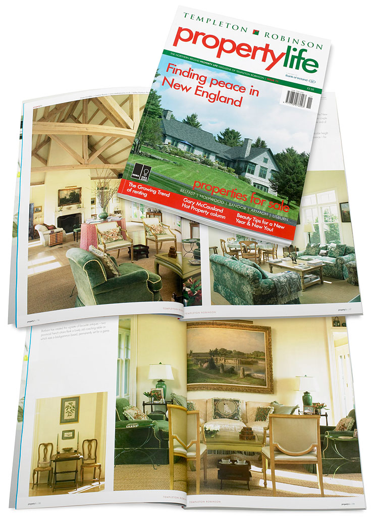 The cover plus pages 14 to 24 in issue 11 of Templeton Robinson's Property Life magazine featuring Barbara & Mark Leswing's Hidden Valley Farm in Vermont.