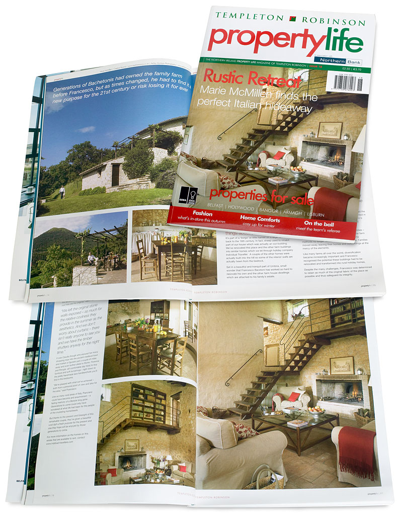 The cover plus pages 14 to 19 in issue 18 of Templeton Robinson's Property Life magazine featuring Claudia & Francesco Bachetoni's villa called La Roccia in the Pianciano hamlet near Spoleto in Italy.