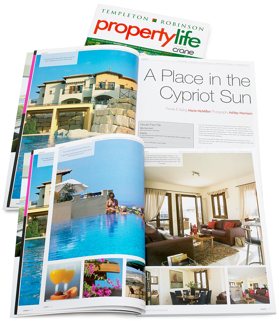 Pages 10 to 17 in issue 25 of Templeton Robinson's Property Life magazine featuring Tommy Payne's apartment in the Aphrodite Hills complex near Paphos in Cyprus.