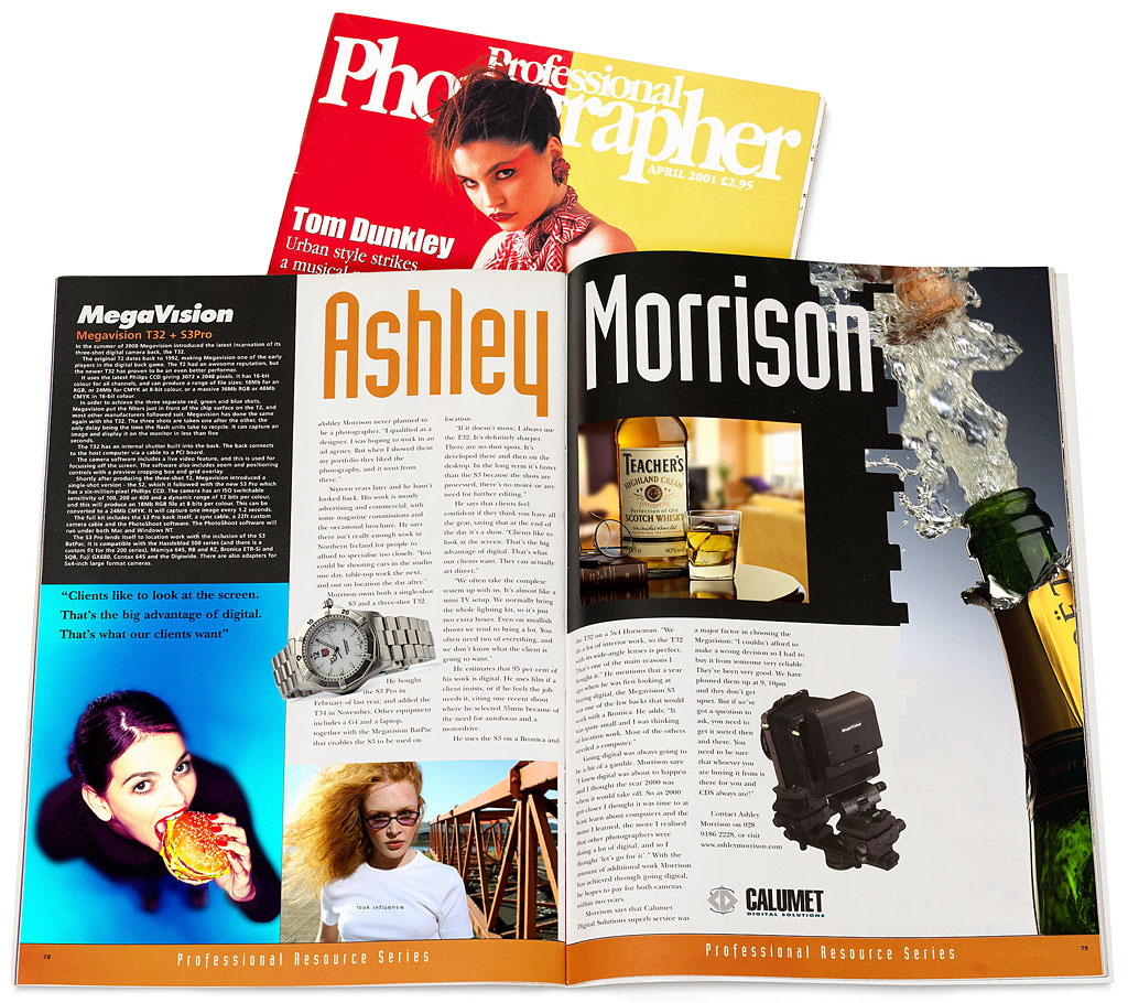 Advertisement on pages 78 to 79 in the April 2001 issue of Professional Photographer magazine featuring Ashley Morrison and MegaVision digital backs by Calumet.