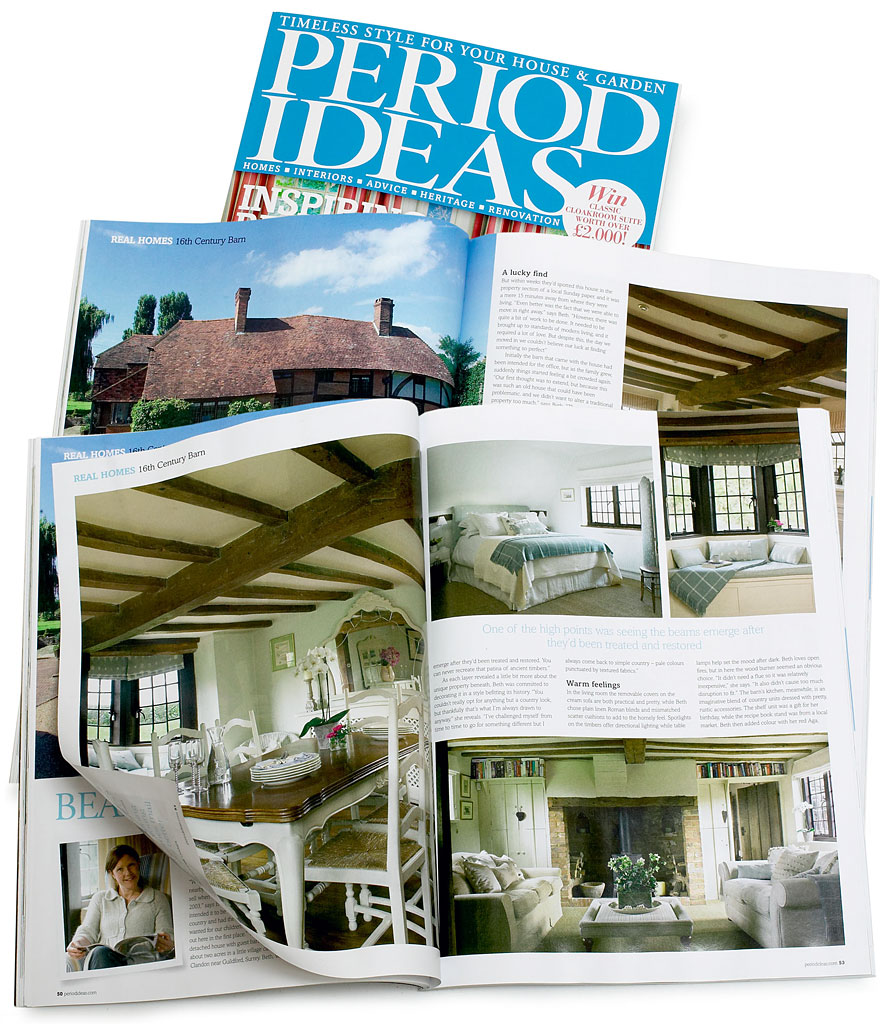 Pages 50 to 54 in the April 2012 issue of Period Ideas magazine featuring Beth & Jason Cooper's 16th-century old school house near Guildford in Surrey.