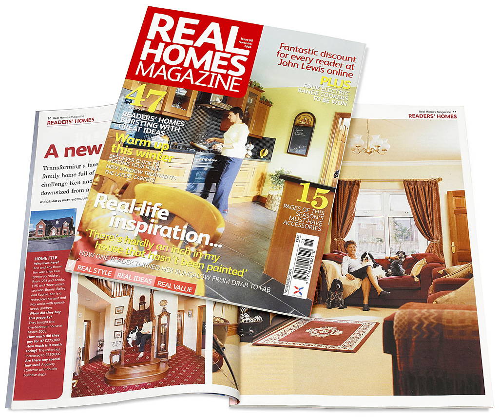 The cover plus pages 10 to 15 in the November 2004 issue of Real Homes magazine featuring Kay and Ken Brown's new-build house in the County Down town of Bangor.