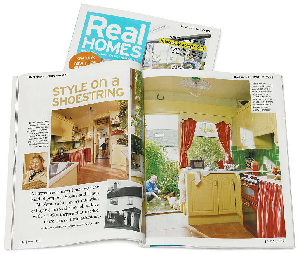 Pages 46 to 51 in the April 2005 issue of Real Homes magazine featuring Linda and Stuart McNamara's 1950s terrace on the outskirts of Belfast.