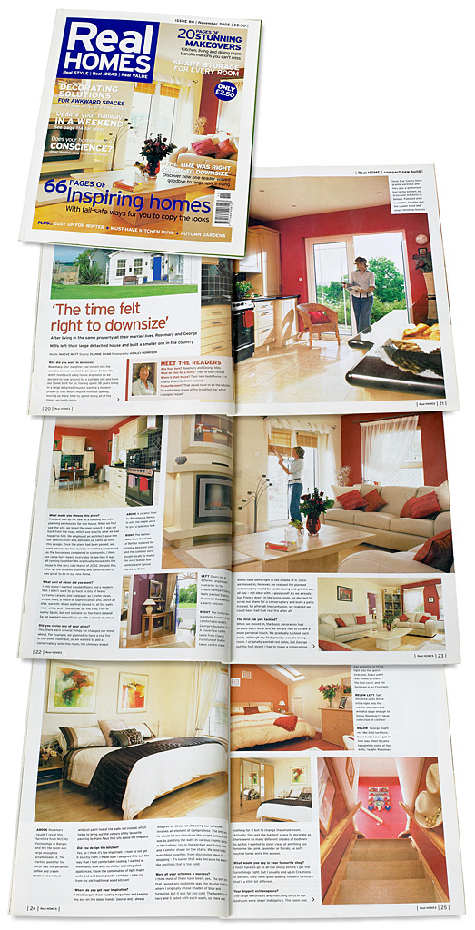 The cover plus pages 20 to 26 in the November 2005 issue of Real Homes magazine featuring Rosemary and George Mills' new-build house near Ballygowan in County Down.