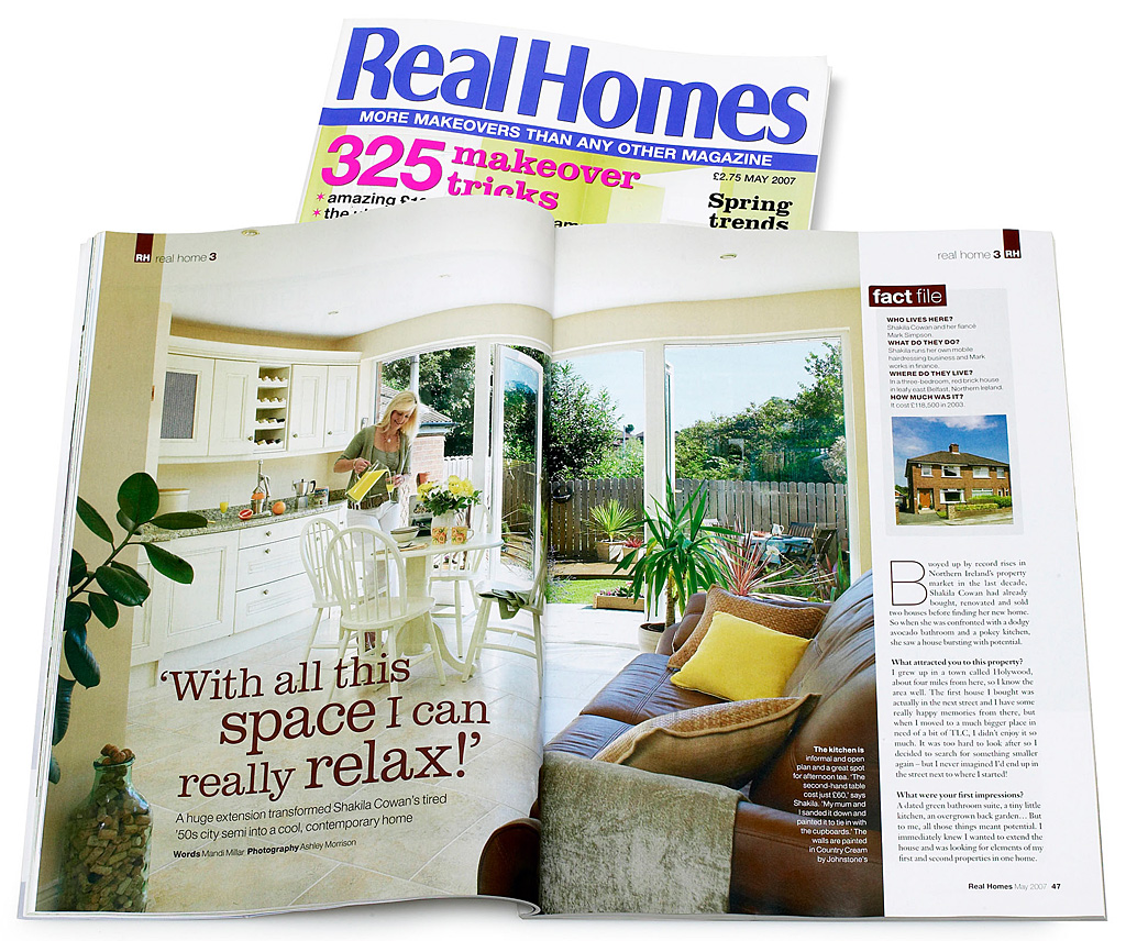 Pages 46 to 51 in the May 2007 issue of Real Homes magazine featuring Shakila Cowan's contemporary 1950s semi detached house in Belfast.