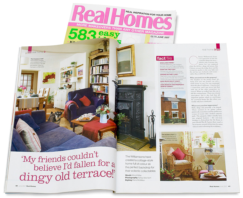 Pages 40 to 45 in the June 2007 issue of Real Homes magazine featuring Chrissie and Michael Williamson's 1940's terraced house in the County Down town of Holywood.