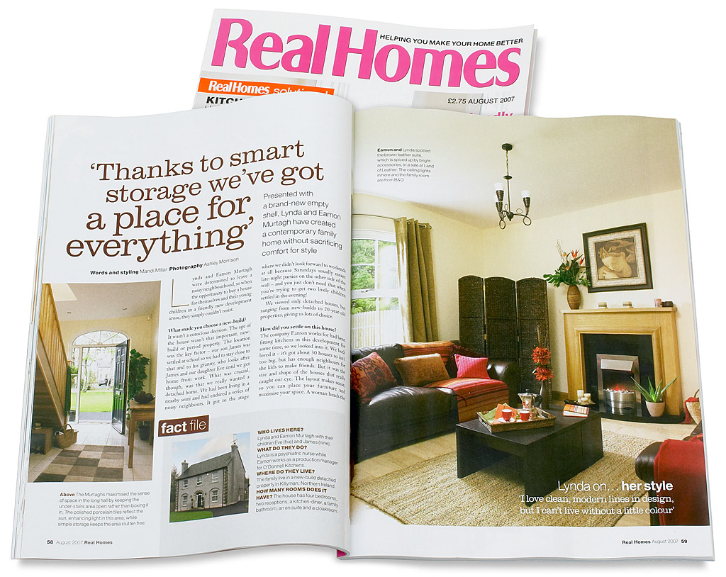 Pages 58 to 63 in August 2007 issue of Real Homes magazine featuring Lynda and Eamon Murtagh's new-build detached house near Dungannon in County Tyrone.