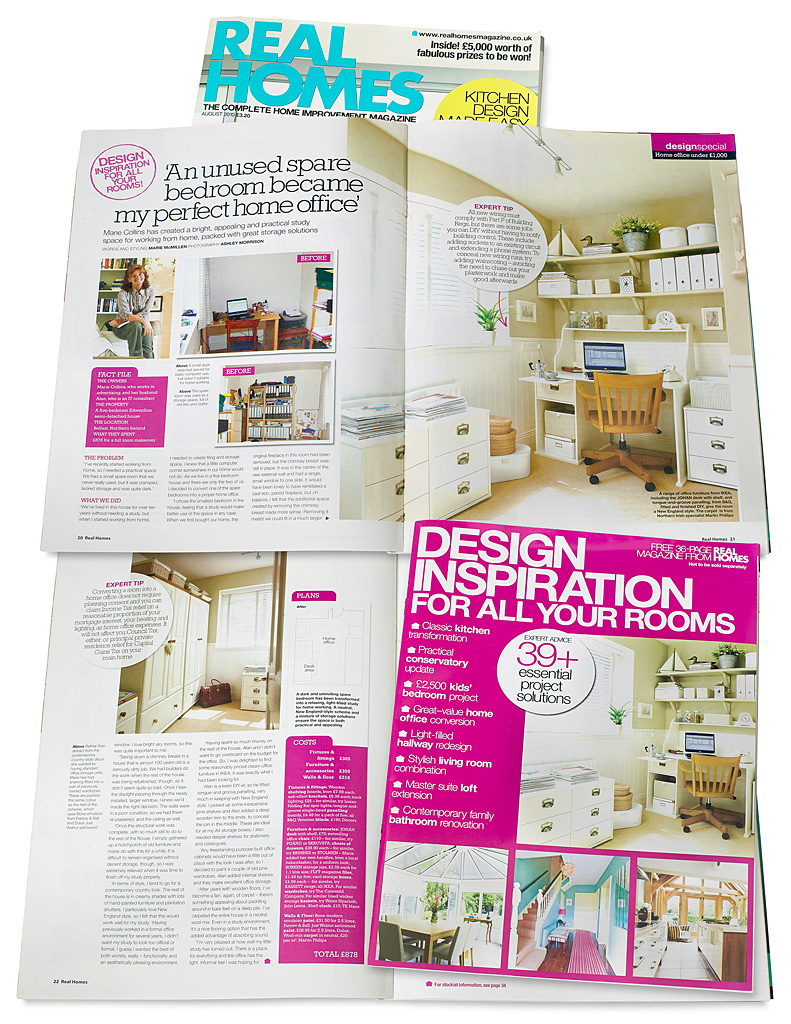 Pages 20 to 23 in the August 2010 issue of Real Homes magazine featuring a home office makeover by Marie McMillen.
