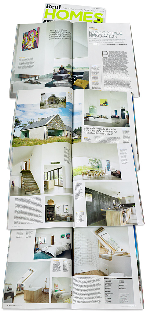 Pages 70 to 77 in the March 2016 issue of Real Homes magazine featuring Dominic & Louise McGuane's renovated farmhouse called 'The Safe House' near the village of Cooraclare in County Clare.