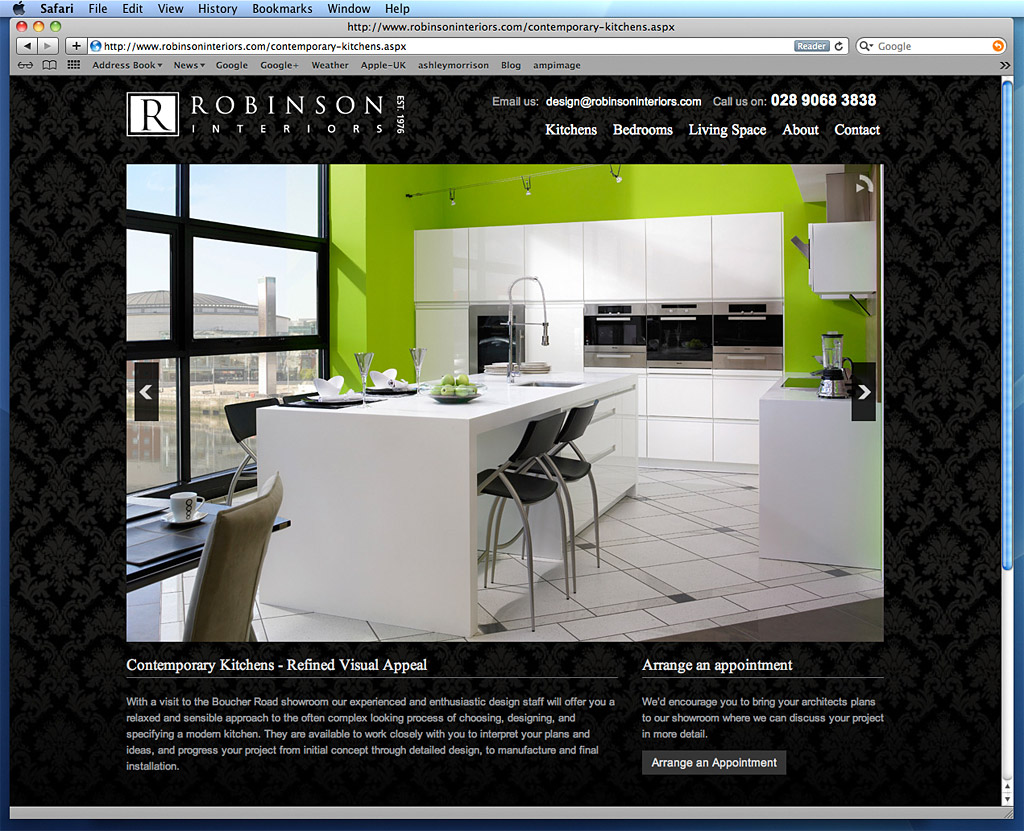 Screen shot shwoing how our images was used on the Contemporary kitchens page of Robinson Interior's website.