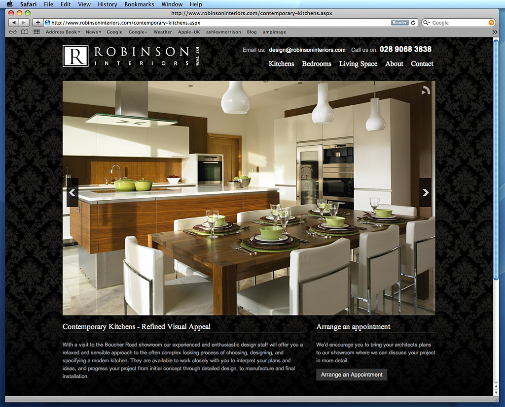 Screen shot of the Contemporary Kitchens page on Robinson Interior's website showing a Noes White & Walnut kitchen in Stuart Robinson's home near Drumbeg in County Down.