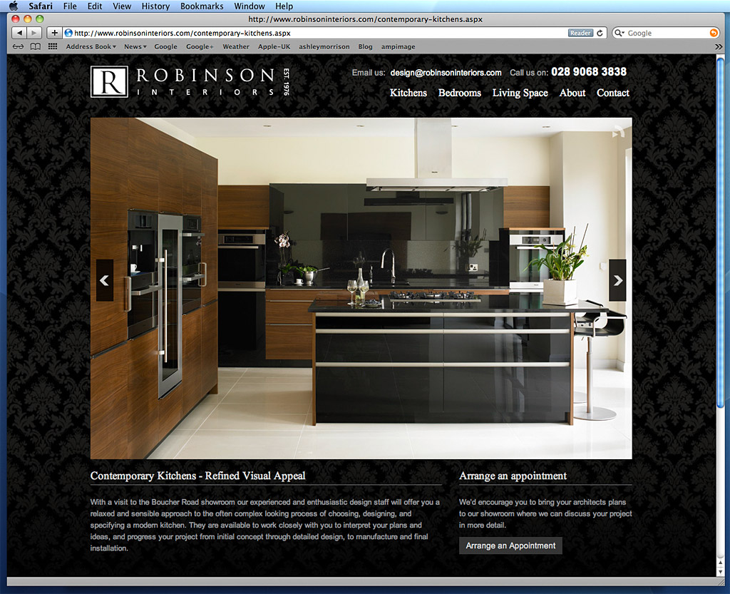 Screen shot shwoing how our images was used on the Contemporary kitchens page of Robinson Interior's website.
