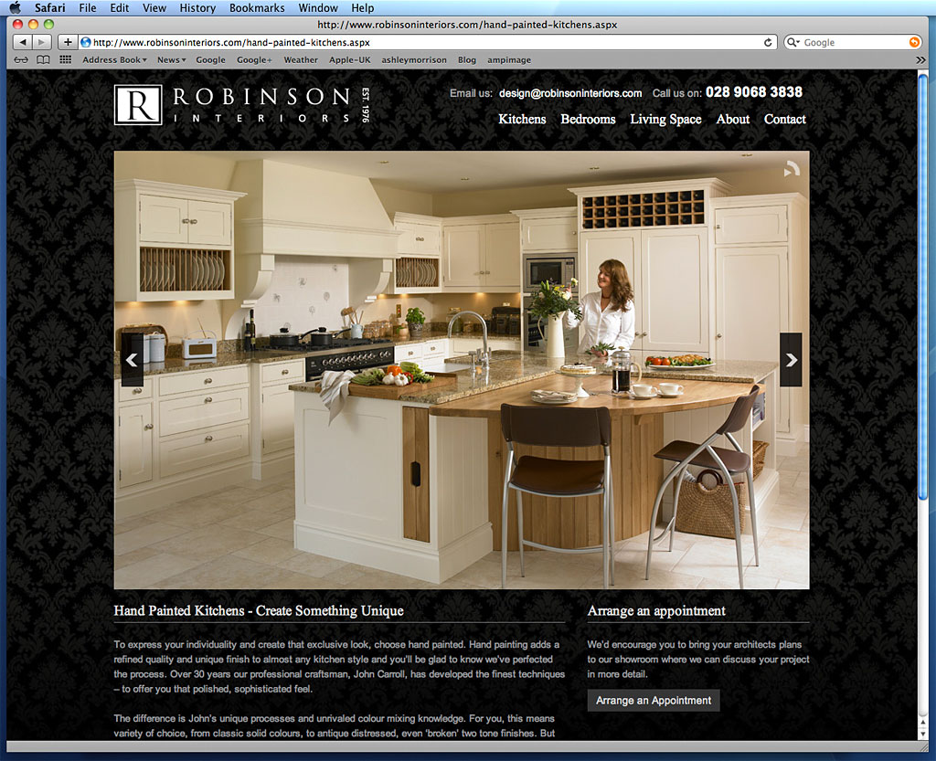 Screen shot shwoing how our images was used on the Hand painted kitchens page of Robinson Interior's website.