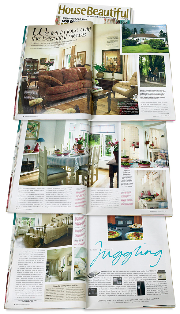 Pages 62 to 67 in the October 2010 issue of House Beautiful magzine featuring Myrian & David O'Reilly former hunting lodge near the shores of Lough Corrib in County Galway.