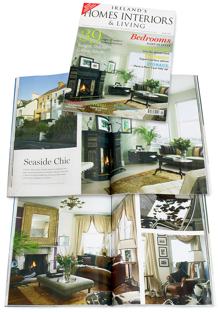 The cover plus pages 70 to 81 of the January 2012 issue of Ireland's Homes Interiors & Living magazine - featuring Charles Drumgoold's three story waterfront terraced in the County Down town of Bangor.