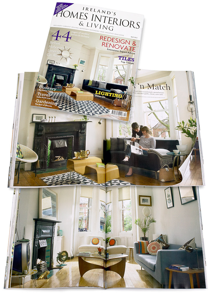The cover plus pages 62 to 74 in the April 2012 issue of Ireland's Homes Interiors & Living magazine featuring Mairead & Owen Moore's Mid Century house in the University area of Belfast.
