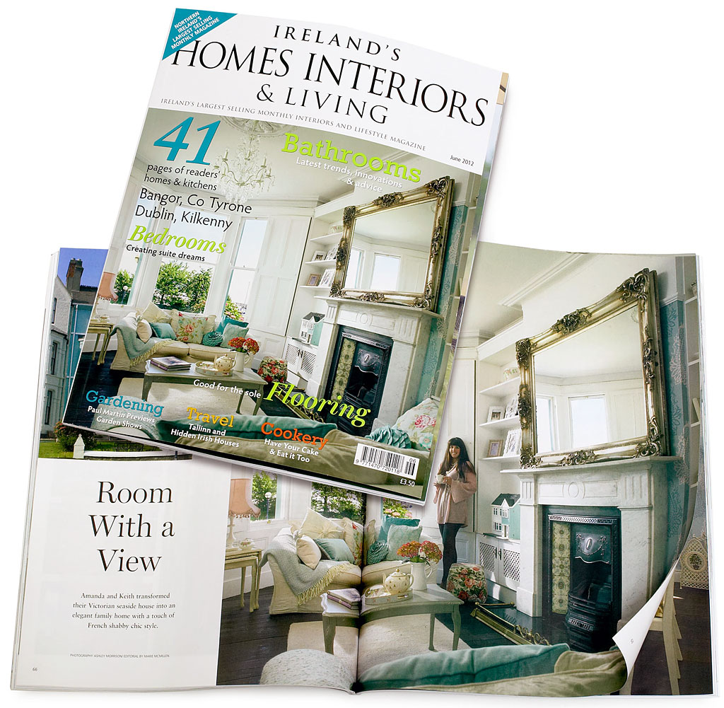 The cover plus pages 66 to 75 in the June 2012 issue of Ireland's Homes Interiors & Living magazine featuring Amanda & Keith McGuile's mid terrace family home overlooking Bangor Marina in County Down.