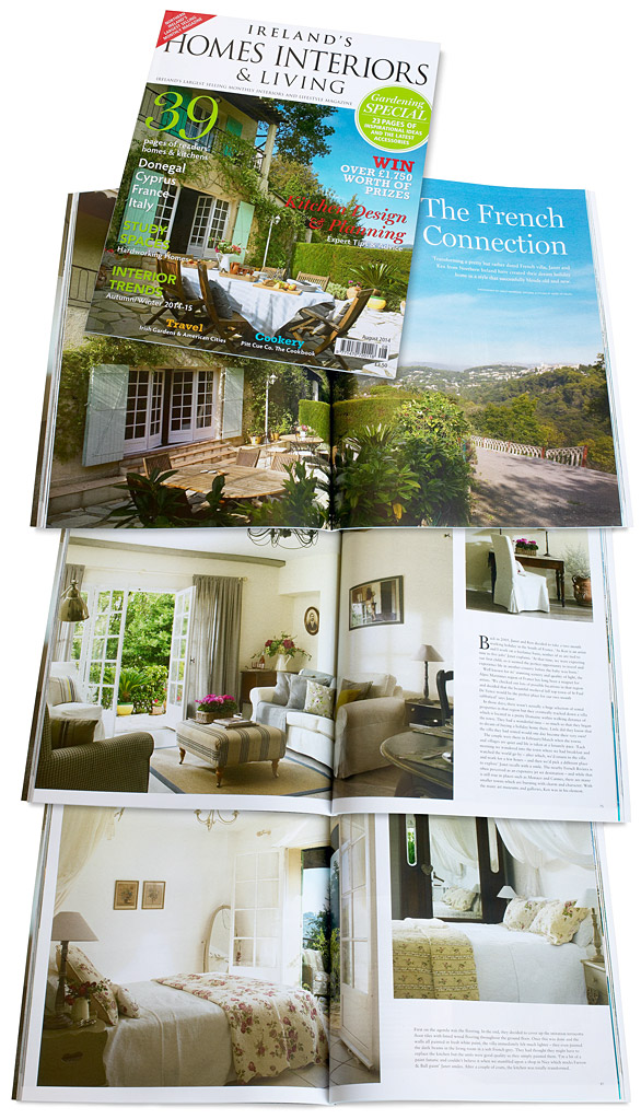 The cover plus pages 72 to 83 in the August 2014 issue of Ireland's Homes Interiors & Living magazine featuring Janet Hamilton's villa 'Jasmin' near the French Riviera village of St Paul de Vence.