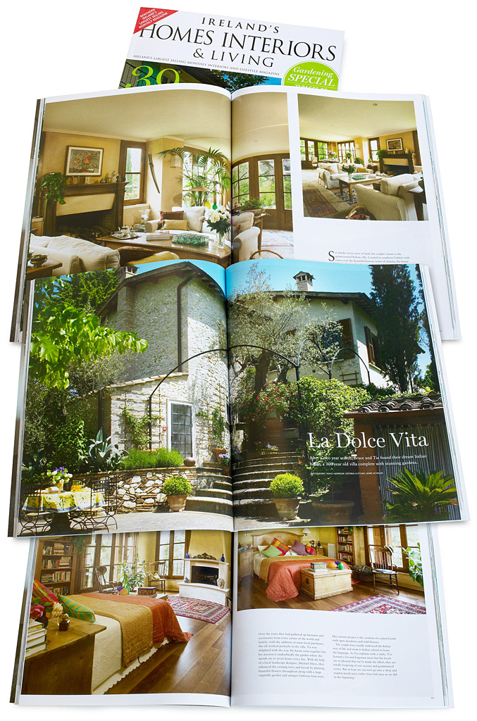 Pages 58 to 71 in the August 2014 issue of Ireland's Homes Interiors & Living magazine featuring Tia & Bruce Weissman's Italian villa located near Amelia in Umbria.