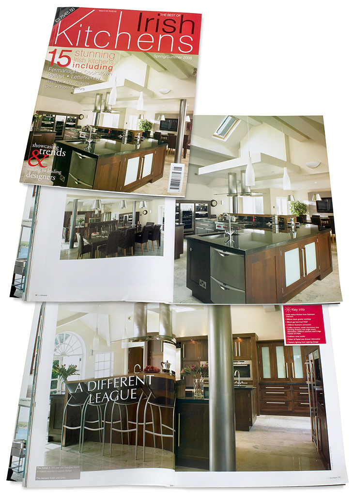 The cover plus pages 36 to 40 in the Spring / Summer 2008 issue of the Irish Kitchens magazine featuring a handmade walnut kitchen by Robinson Interiors.
