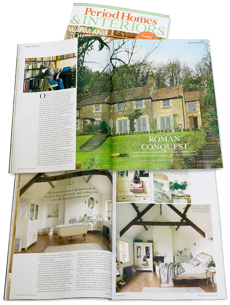 Pages 40 to 47 in the November 2011 issue of Period Homes & Interiors magazine featuring Julie-Christian Young's stone farmhouse near Bath.