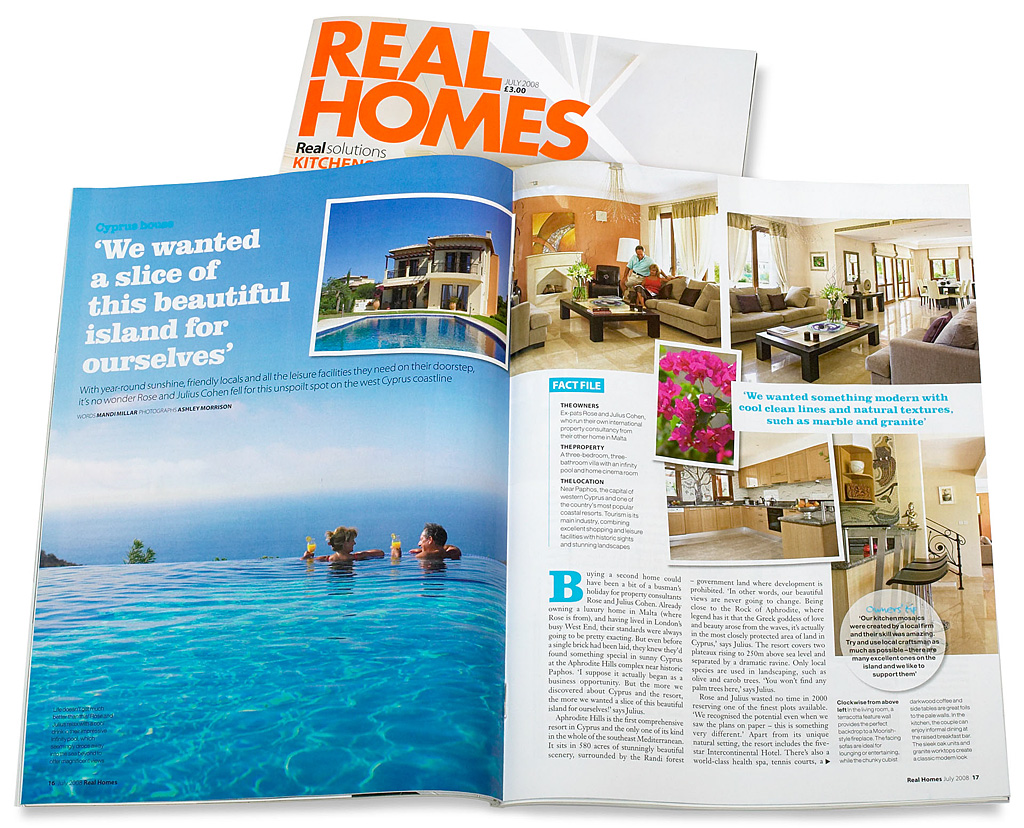 Pages 16 to 22 in the July 2008 issue of Real Homes magazine featuring Rose and Julius Cohen's villa at Aphrodite Hills near Paphos in Cyprus.
