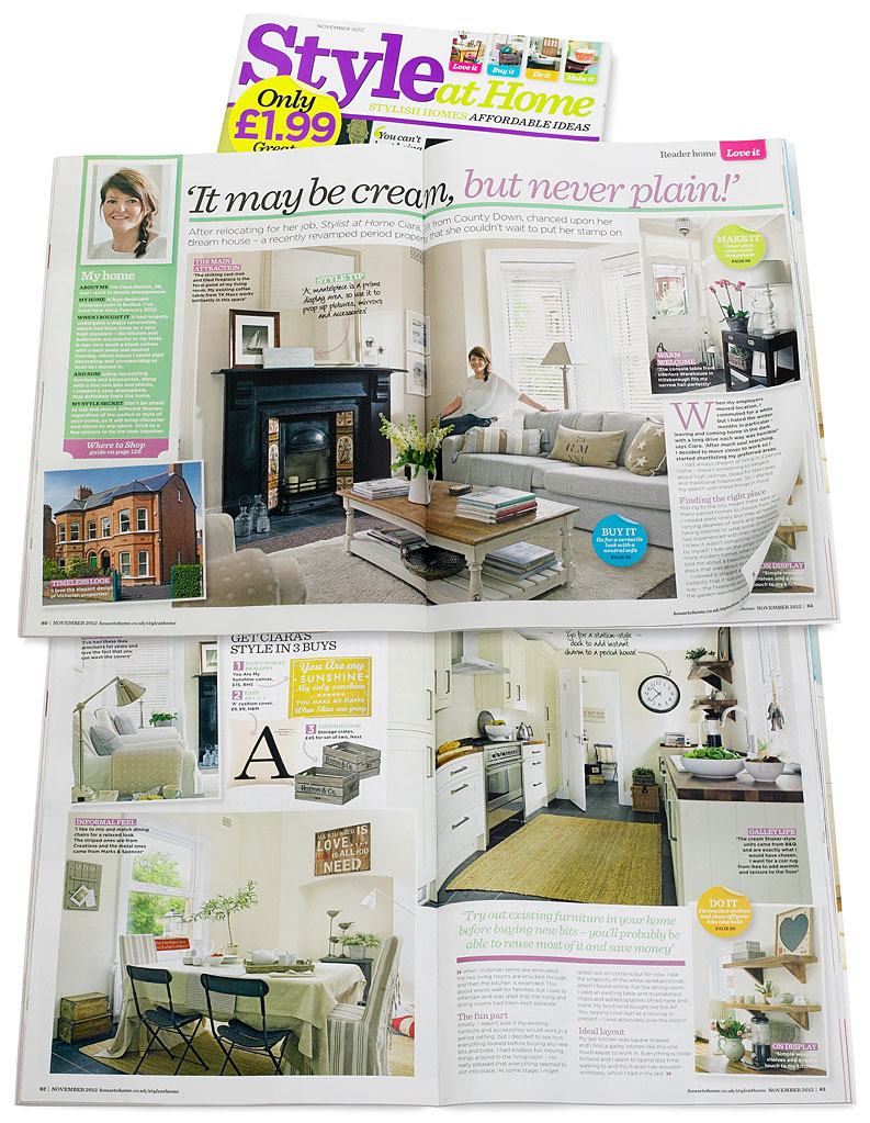 Pages 80 to 90 in the November 2012 issue of Style at Home magazine - featuring Ciara Nelson's three storey semi-detached villa in Belfast.