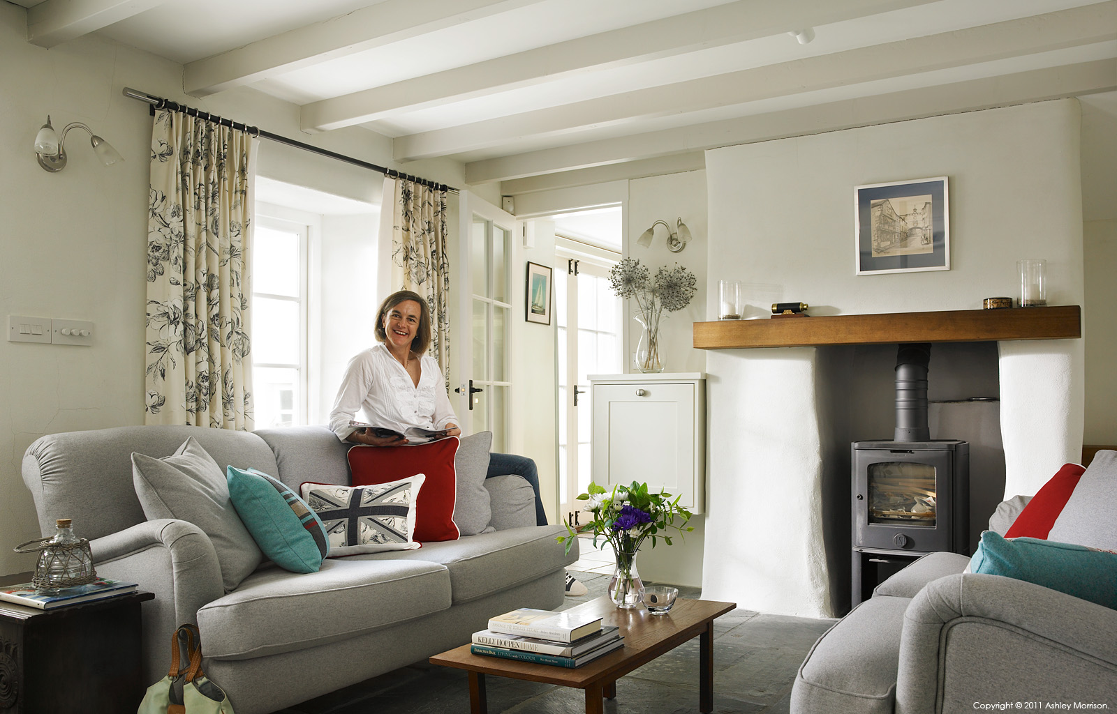 Tanya Leech the living room of her cottage near Wadebridge in Cornwall by Ashley Morrison.