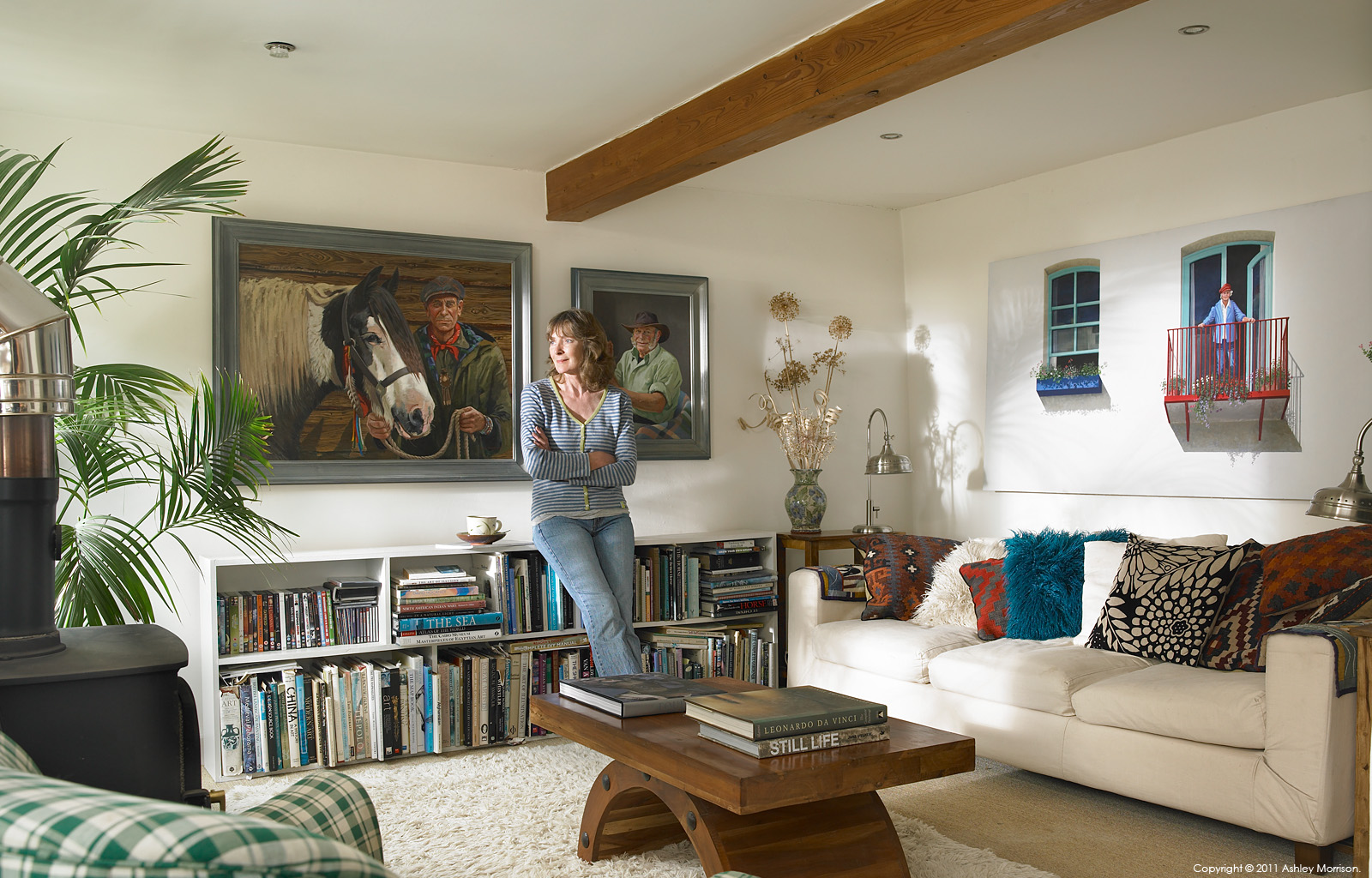 Janet Shearer in the sitting room of her converted barn near Bodmin in Cornwall by Ashley Morrison.