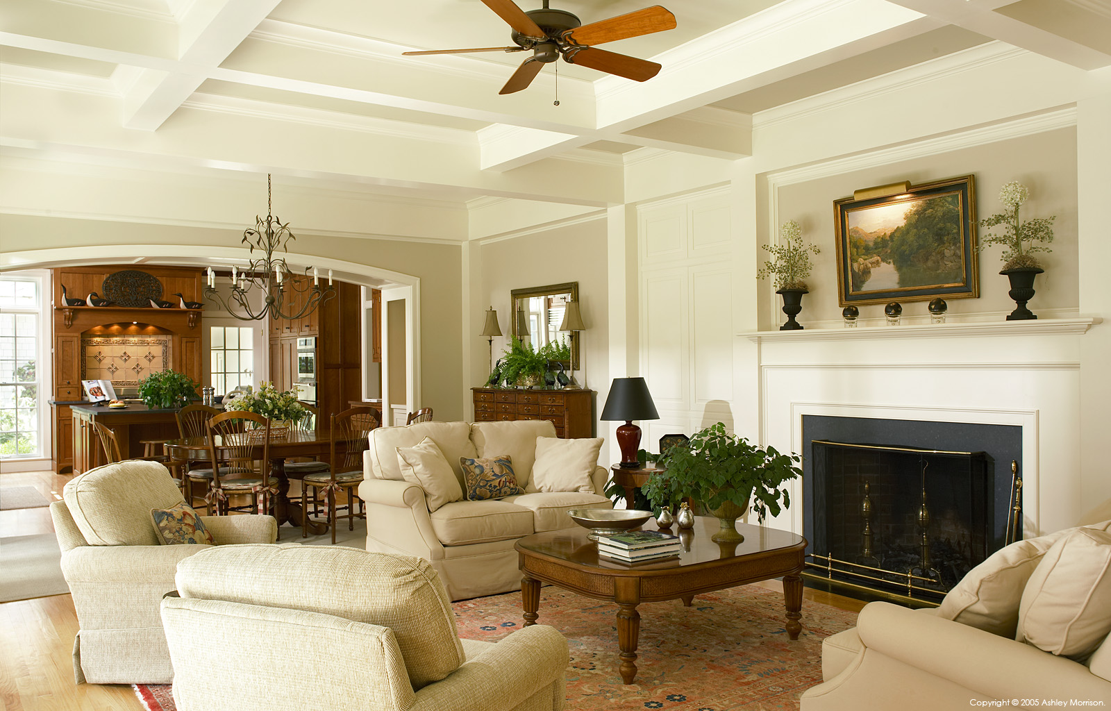 The sitting room and living area in Mary Ann and William Lewis' detached cedar shingle house near Hanover in New England.