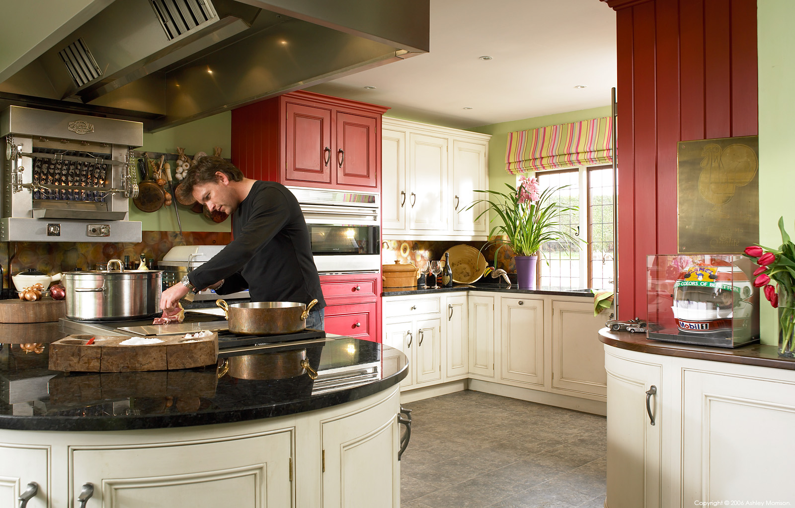 English TV celebrity chef James Martin in the kitchen of his detached 19th-century house in Hampshire.