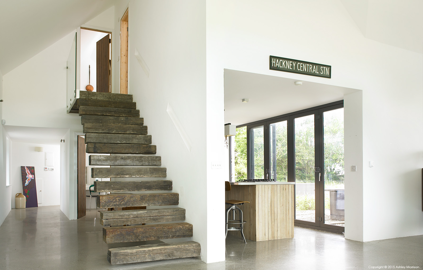 The stairs in Louise and Dominic McGuane's renovated farmhouse called 'The Safe House' near the village of Cooraclare in County Clare.