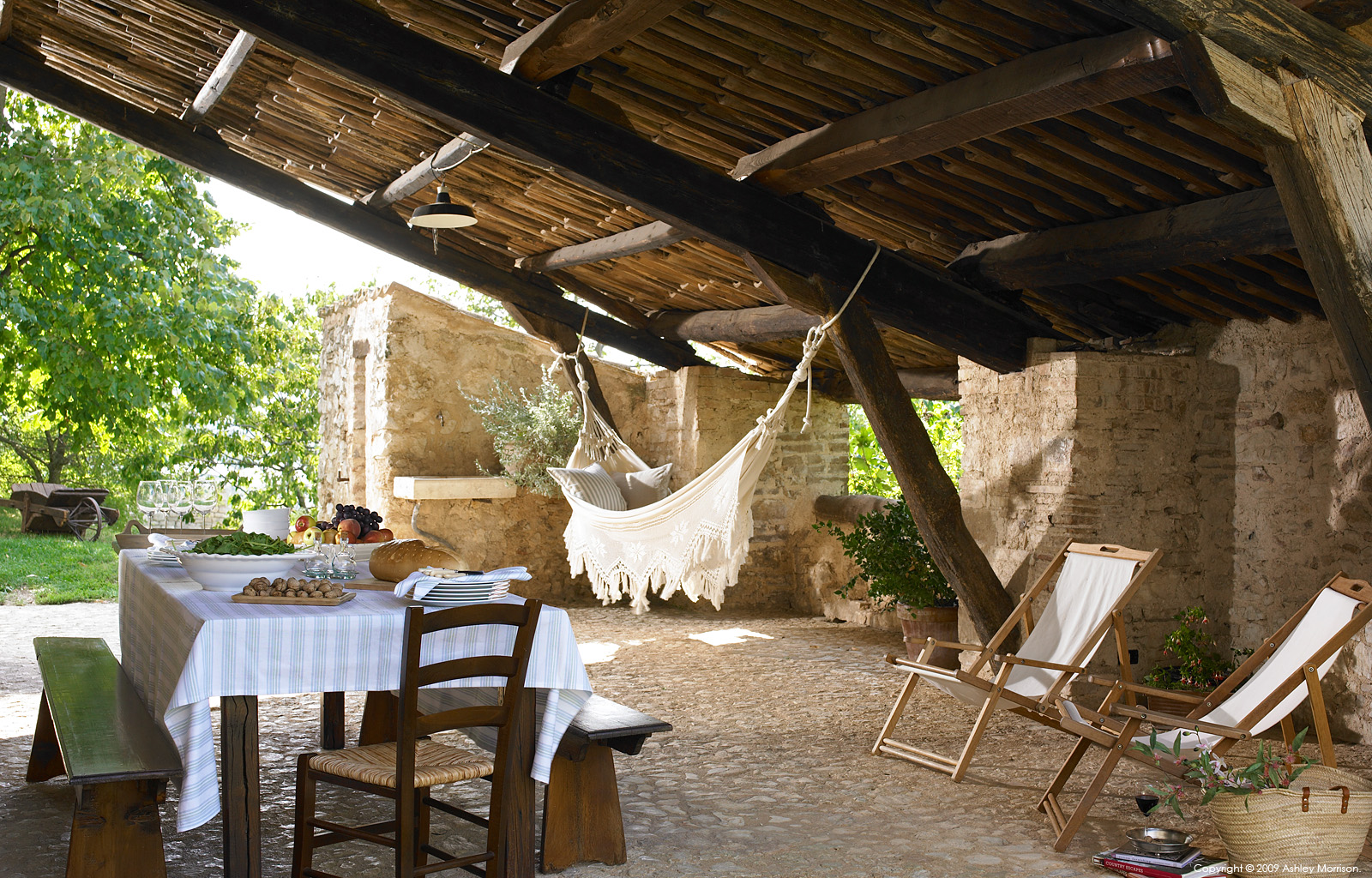 The courtyard at Casa del Cipresso in the Pianciano hamlet near Spoleto in Italy.