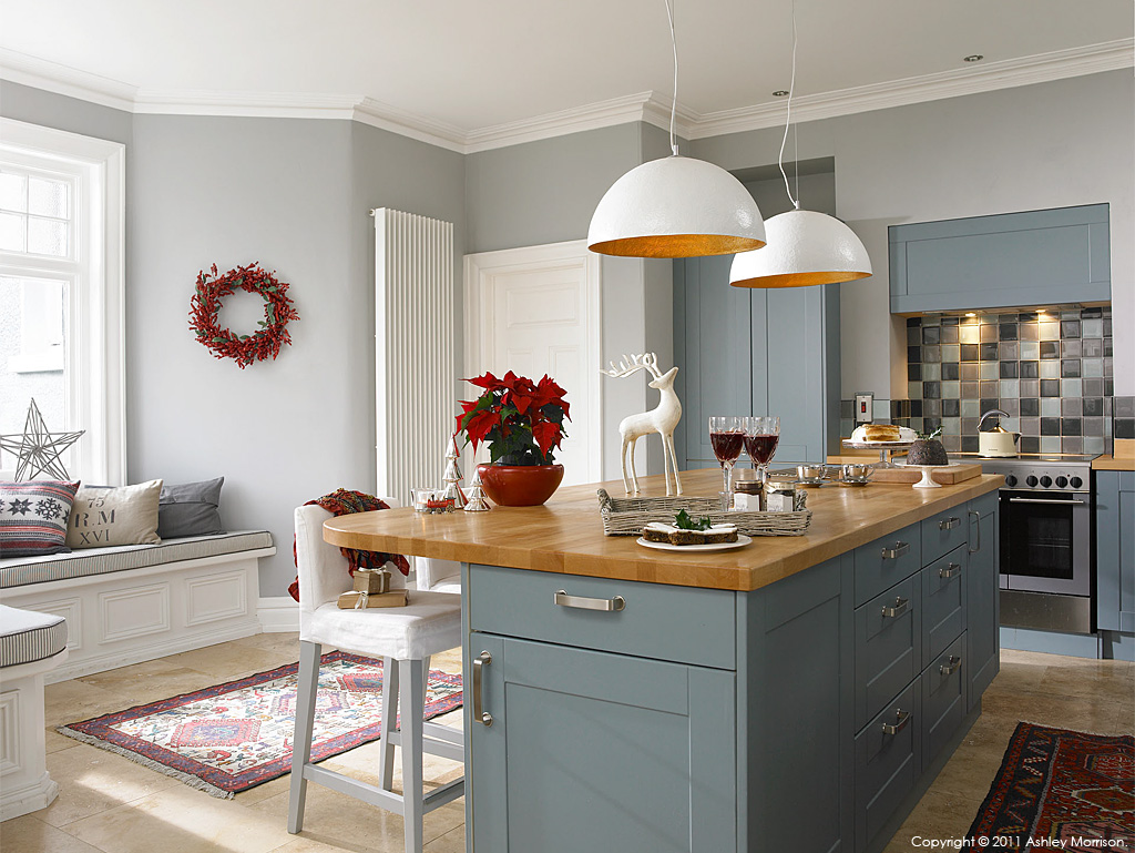 The kitchen in Seamus Sweeney's cottage style bungalow near Holywood in County Down at Christmas.