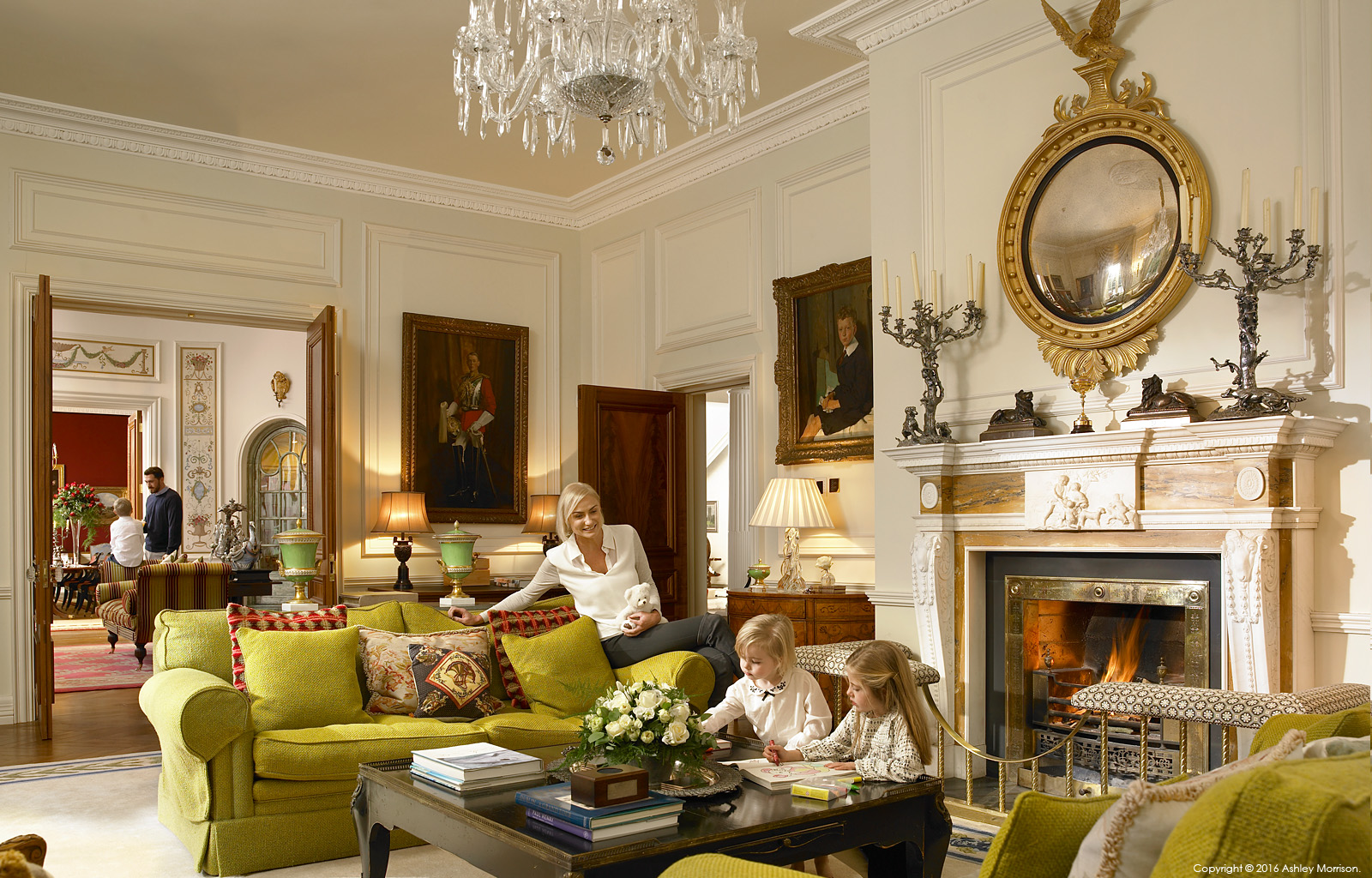 Family in the drawing room in Straffan House at The K Club in County Kildare.