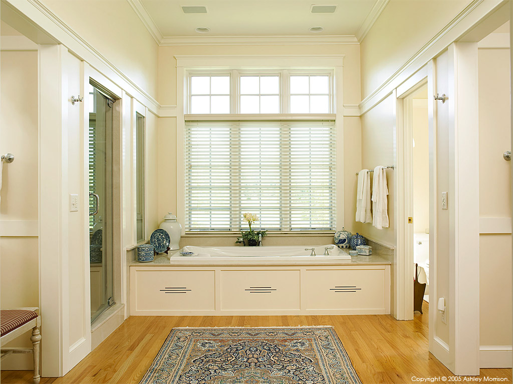 The bathroom in Mary Ann and William Lewis' detached cedar shingle