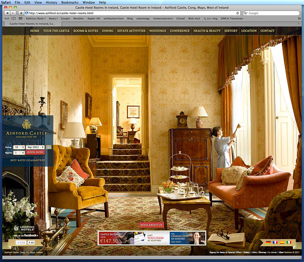 Screen shot of a page on the Ashford Castle's website showing the image we produced of one the bedroomsuites.