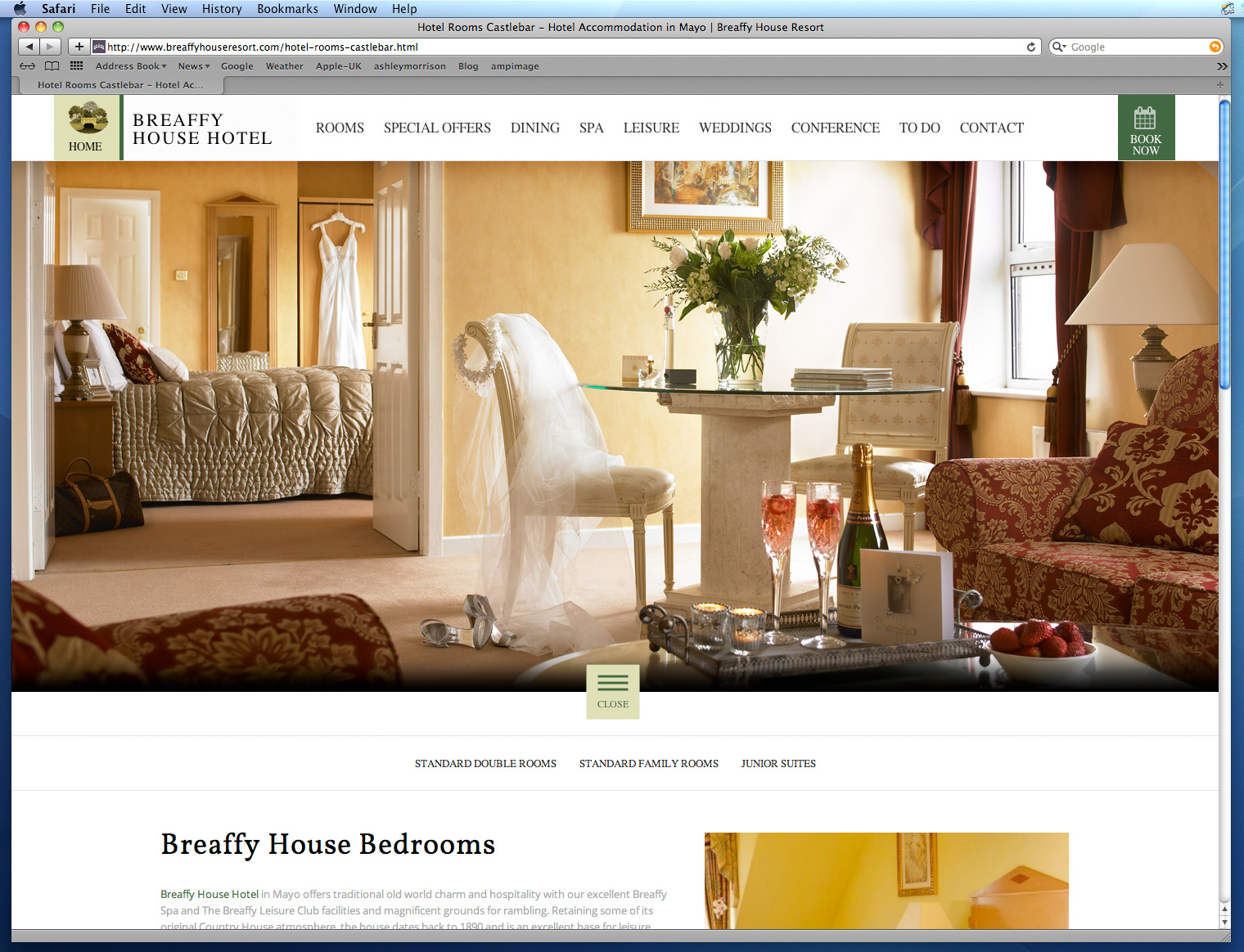 Screen shot of the Bedrooms page on Breaffy House Hotel's website.