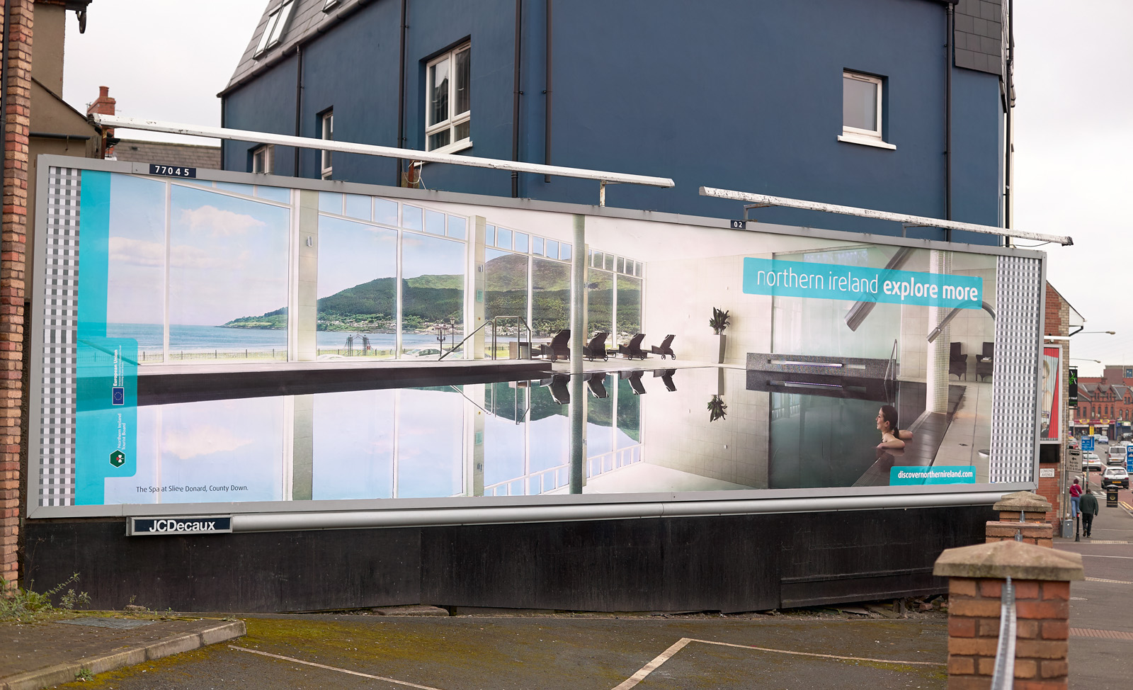 Our work as seen printed over a double billboard, our 'Pool with a view' image, which was produced in the Spa at the Slieve Donard Hotel in County Down.
