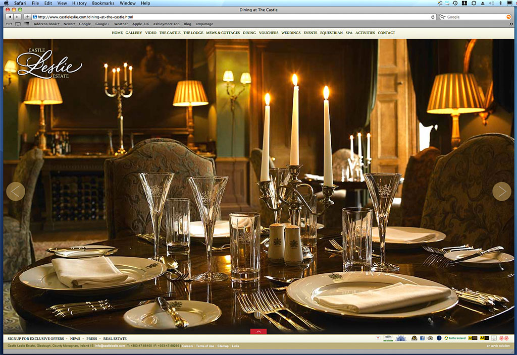 Screen shot of a page on the Castle Leslie Estate's website showing the image we produced of the private dining room.
