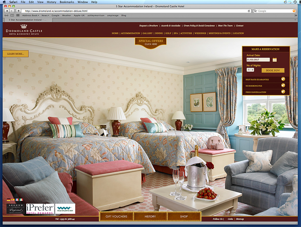 Screen shot of the Accomodation Deluxe page on Dromoland Castle's website.