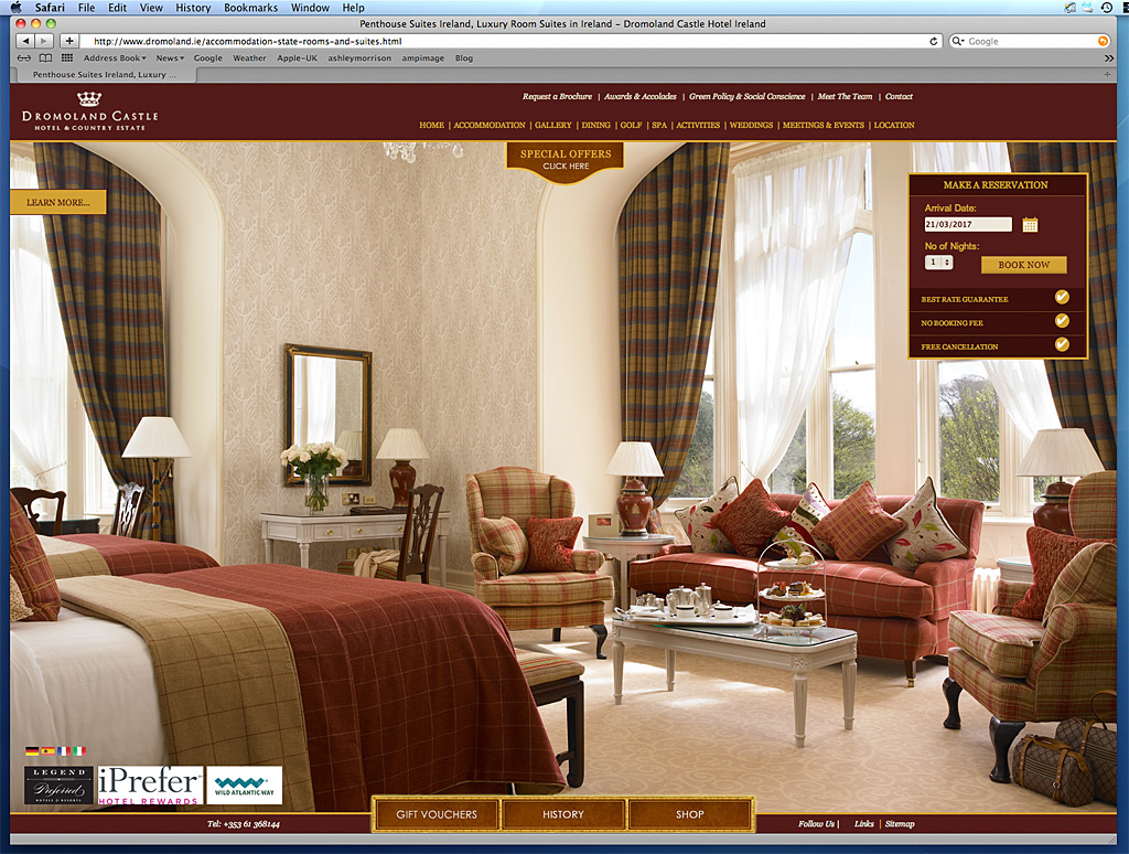 Screen shot of the Accomodation State Rooms and Suites page on Dromoland Castle's website.
