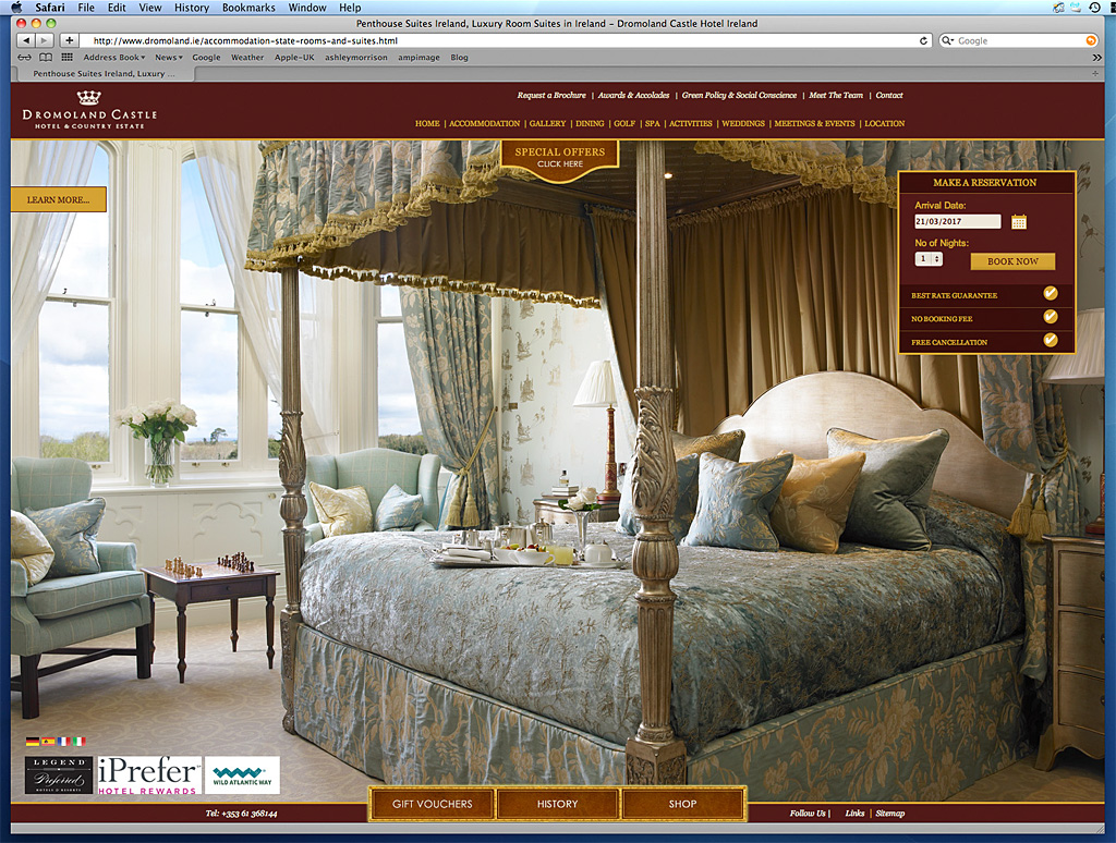 Screen shot of the Accomodation State Rooms and Suites page on Dromoland Castle's website.