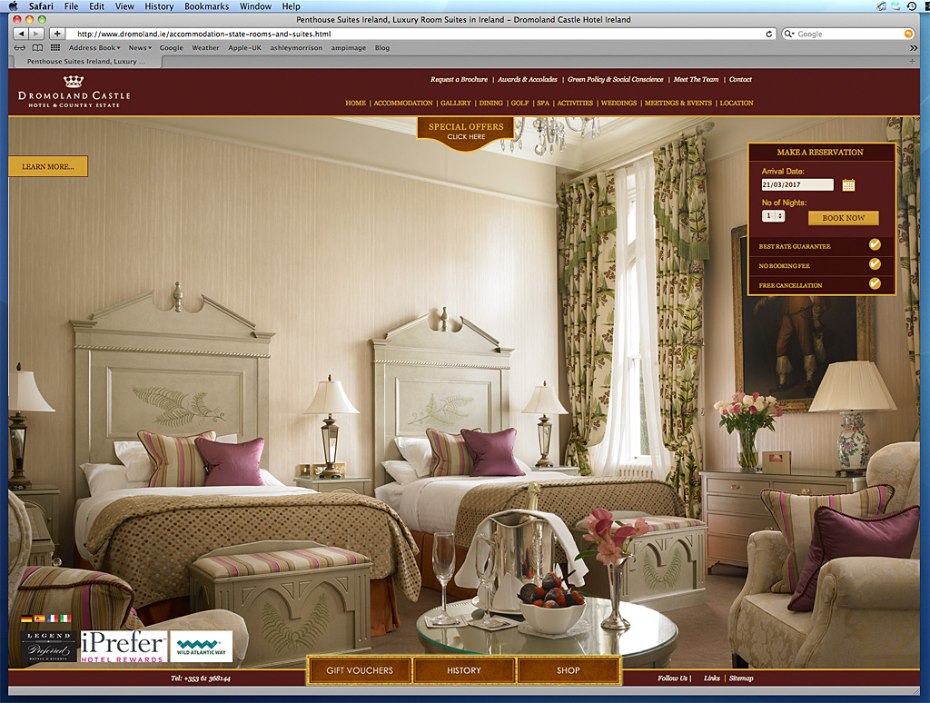Screen shot of the Accomodation State Rooms and Suites page on Dromoland Castle's website.