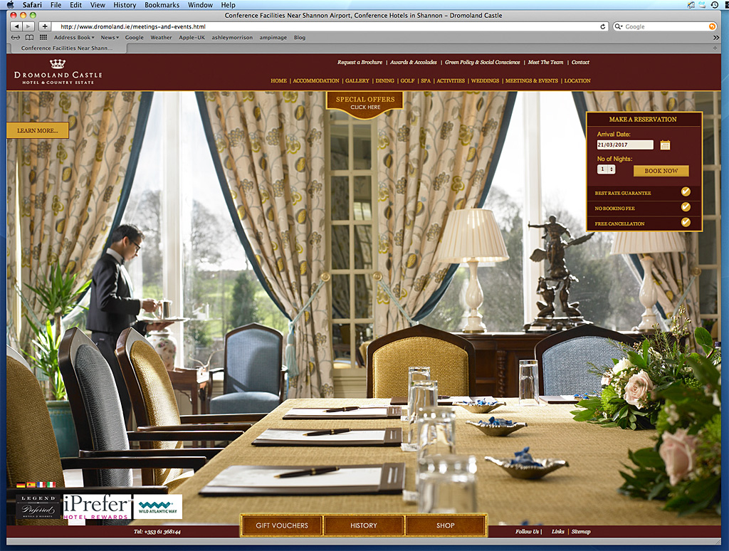 Screen shot of the Meetings and Events page on Dromoland Castle's website.