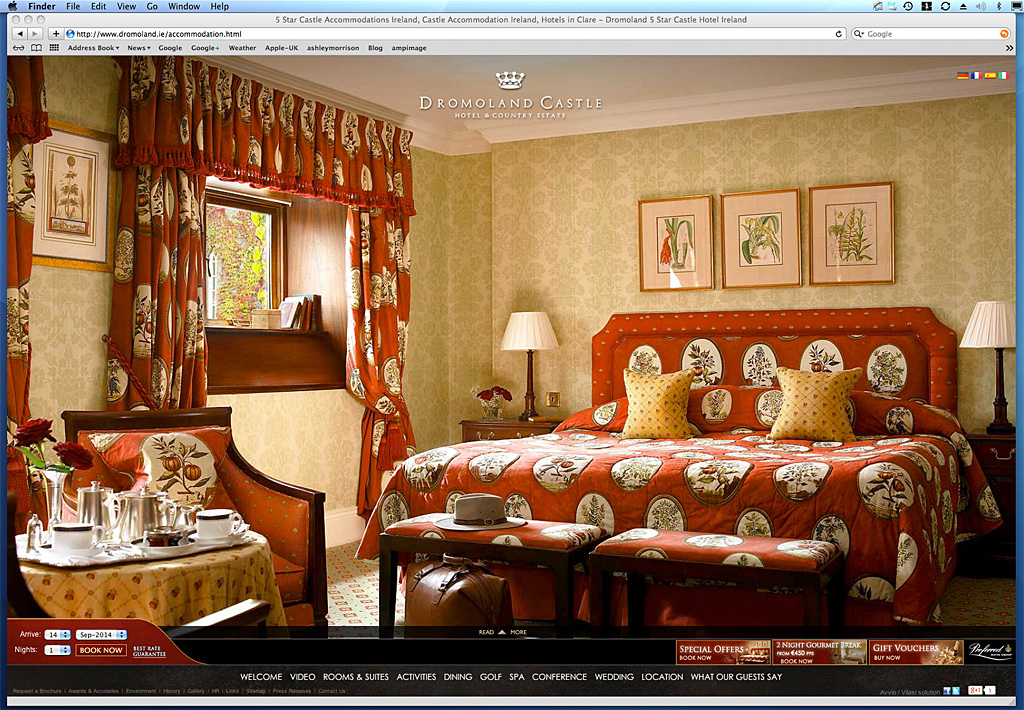 Screen shot of a page on the Dromoland Castle's website showing the image we produced of the Queen Ann bedroom suite.