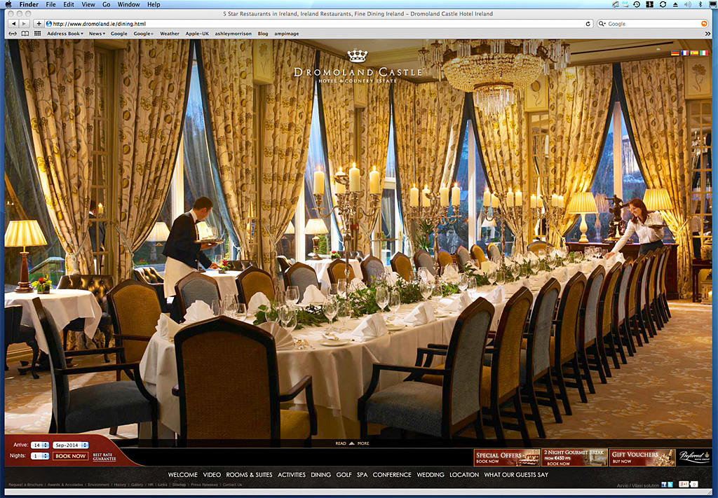 Screen shot showing how our image has been used on the Dining page of Dromoland Castle's website.