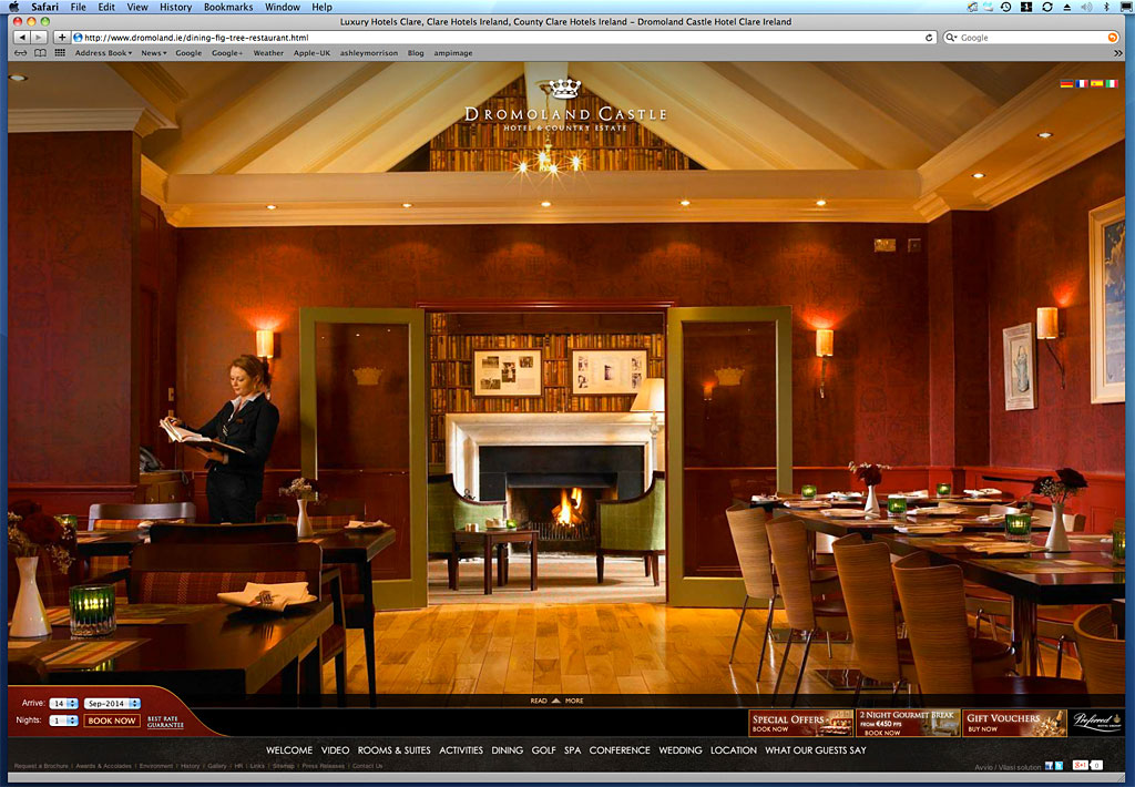 Screen shot of a page on the Dromoland Castle's website showing the image we produced of the Fig Tree restaurant.
