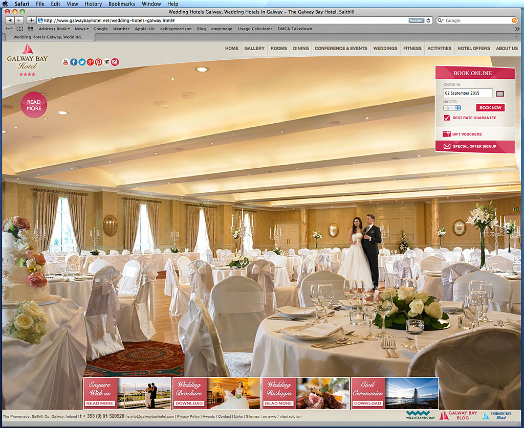 Screen shot showing the Waterside Wedding Venue on the Wedding page of Galway Bay Hotel's website.